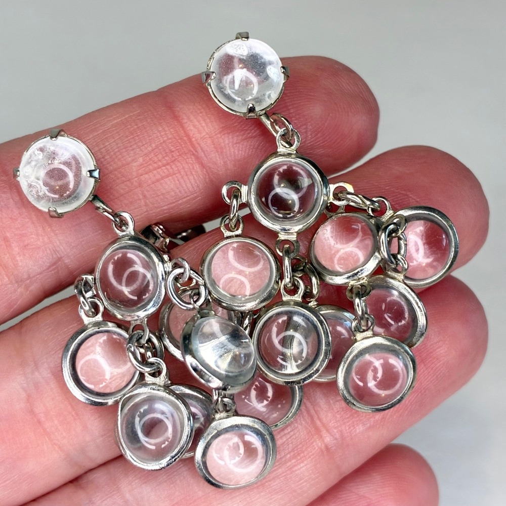 Vintage Chandelier Earrings Clear Glass Cabochon Waterfall Silver Tone Clip On